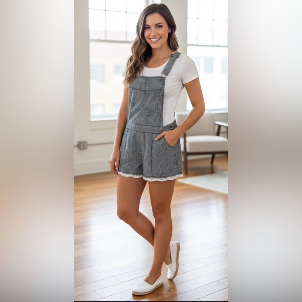 NWT! LOVE FIRE Black and Cream Striped Lace Hem Linen Overalls